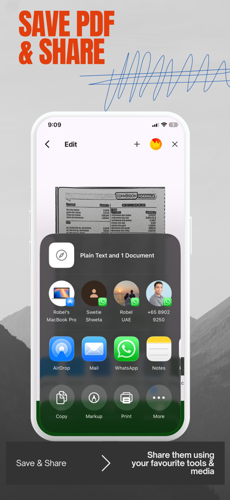 Mobile app interface for saving and sharing scanned PDF documents