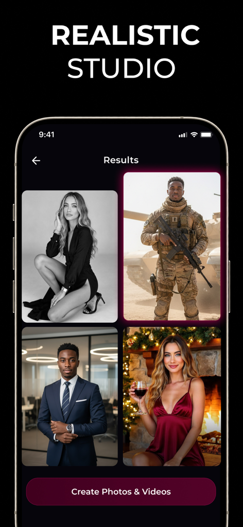 ImaginAI - AI Art & Video - 전문적인 프로필 사진과 테마 초상화를 포함한 다양한 AI 생성 사진을 보여주는 모바일 앱 인터페이스