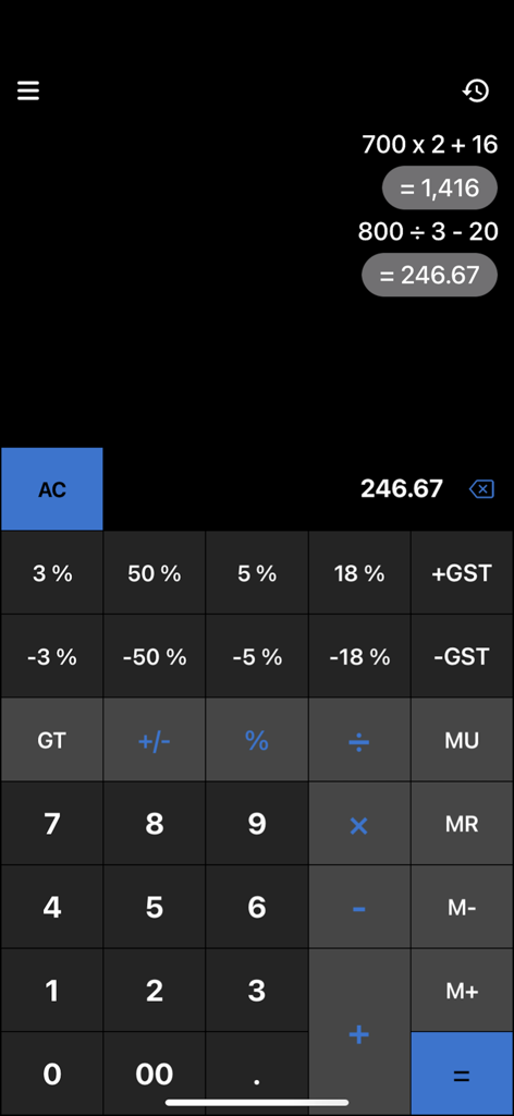 Gst Calculator - Tax Clac - MwSt.-Rechner-App-Oberfläche mit Steuertasten und Verlaufsprotokoll