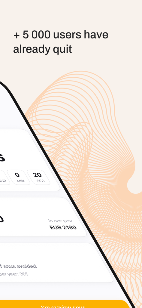 Snus Quit Tracker - Snus Quit Tracker app screen showing over five thousand users quit and projected yearly money saved