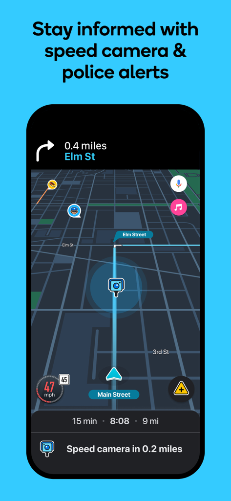 Waze app navigation screen showing real time speed camera and police alerts on a city map
