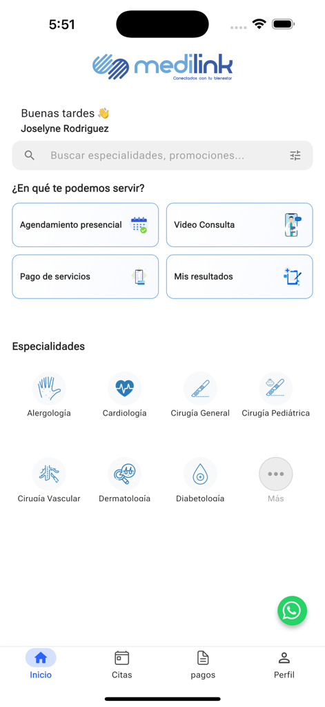 The Medilink mobile app home screen showing medical appointment scheduling, video consultation, payment services, and medical specialties.