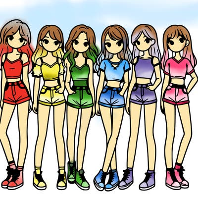 a group of girls wearing crop tops and shorts