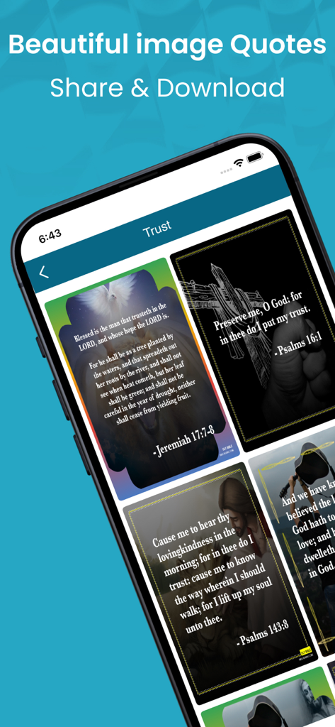 The Modern Bible in Spanish. - Pantalla de una app móvil que muestra una colección de citas decorativas de versículos bíblicos para compartir y descargar.
