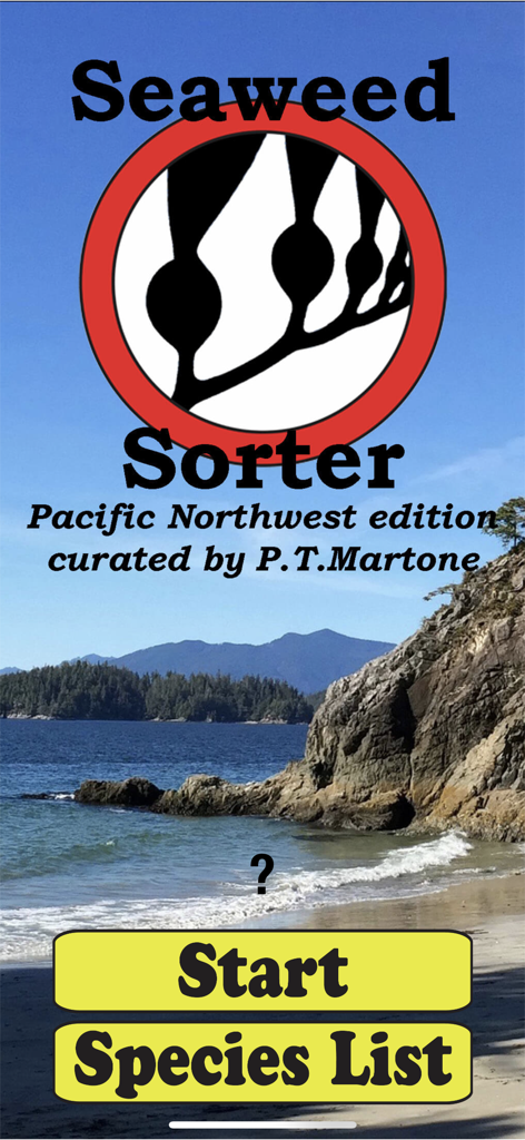 The home screen of the Seaweed Sorter app Pacific Northwest edition featuring a coastal background and start button.