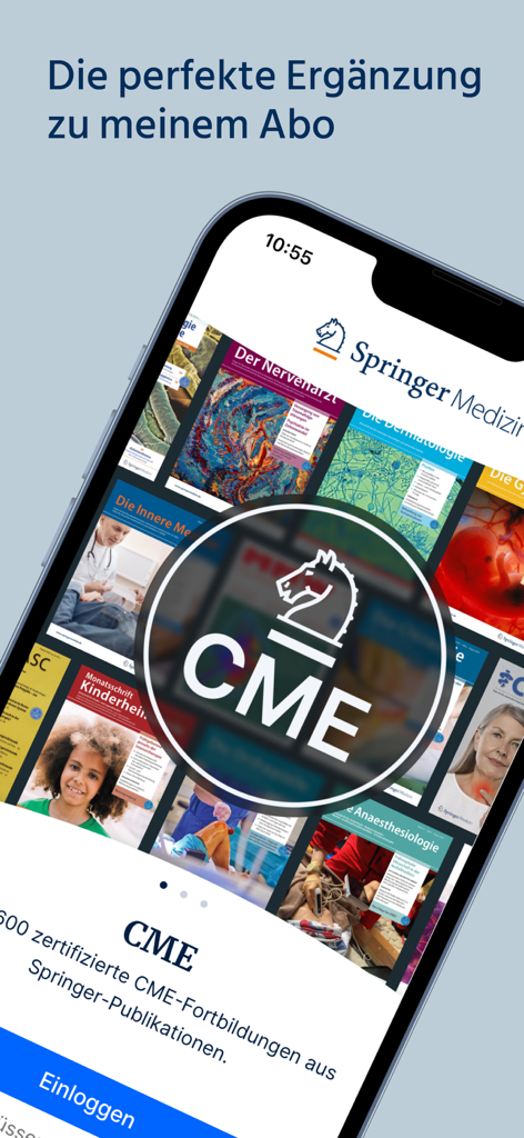 Smartphone screen showing the CME Springer Medizin app interface with medical journal covers and continuing education courses.