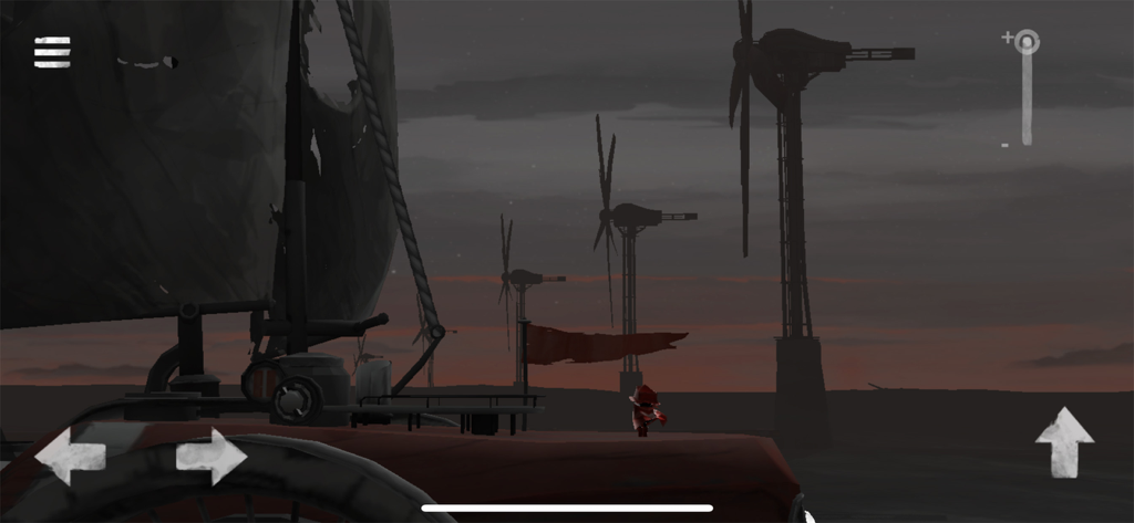 A small character in a red cloak on a large mechanical vessel moving past giant windmills in a desolate post-apocalyptic landscape.