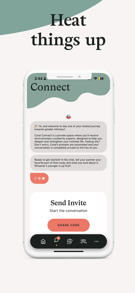Coral: Couples & Relationship - A screenshot of the Coral app Connect interface showing a daily intimacy prompt and a button to invite a partner.