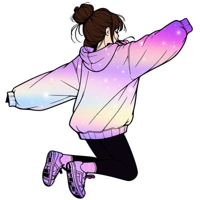 realistic girl jumping with a bun and oversized sweatshirt