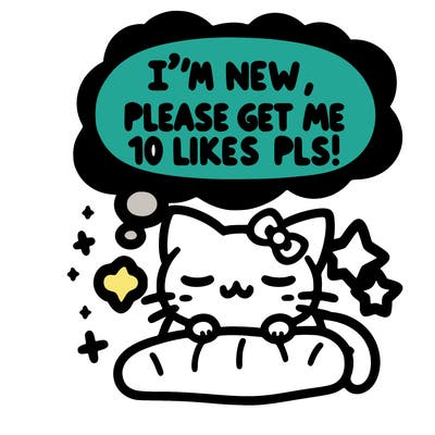 kitty taking a nap dream talking and saying "i'm new, please get me at least 10 likes pls!!"