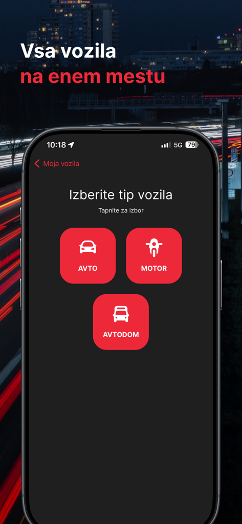 DRAJV - DRAJV app screen for selecting vehicle type with options for car motorcycle and motorhome