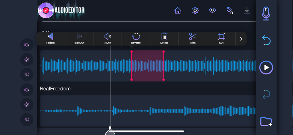 Audio Editor: Recording Studio - Interface de editor de áudio mobile mostrando edição de forma de onda multi-trilha com ferramentas como corte e reverso