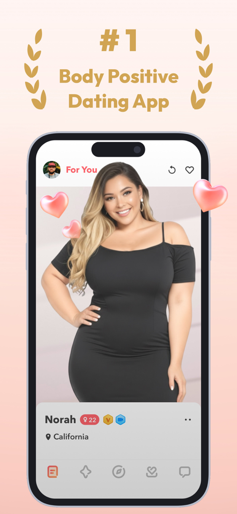 WooPlus - Body Positive Dating - WooPlus body positive dating app interface showing a profile of a plus size woman with a number one rating badge