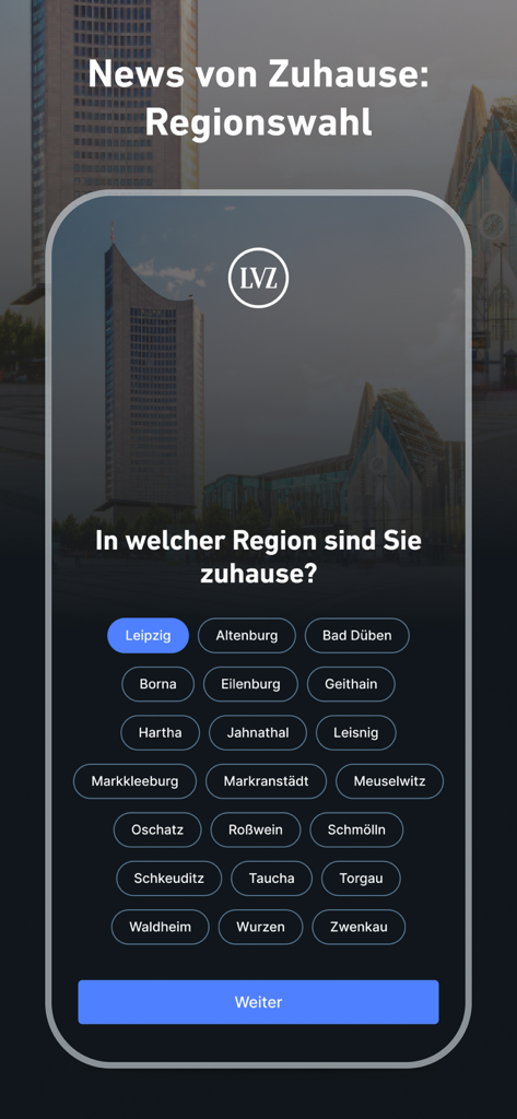 LVZ - Nachrichten und Podcast - Region selection screen in the LVZ news app for local German news