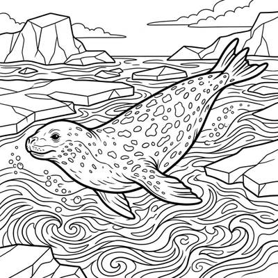 Embark on a creative journey with this captivating leopard seal coloring page, showcasing the powerful marine mammal in its Arctic environment. Perfect for nature lovers and aspiring artists, this design offers a delightful coloring experience.