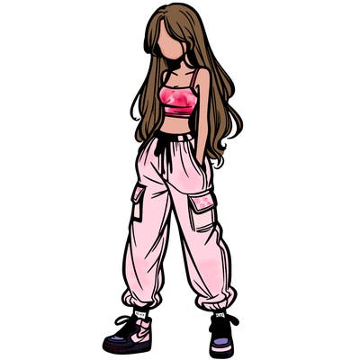 girl in baggy pants crop top and long hair