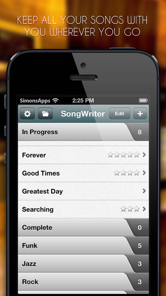 Song-Writer: Write Note Lyrics - Song-Writer app main screen displaying a list of song titles and categories.