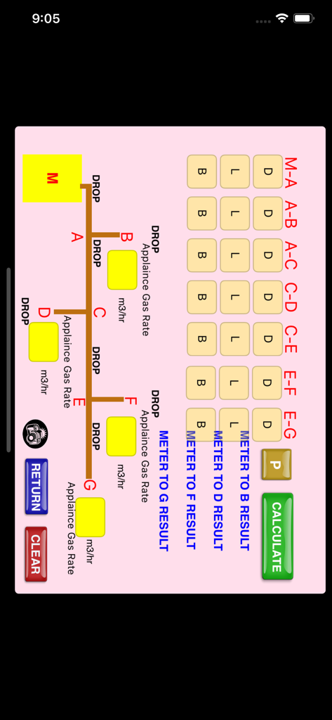 GB Gas Pipe Sizing Calculator - Interface of the GB Gas Pipe Sizing Calculator app showing a gas pipe layout diagram and calculation fields