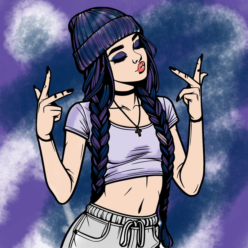 realistic teenage girl with braids and a beanie and crop top doing 🫶🏼