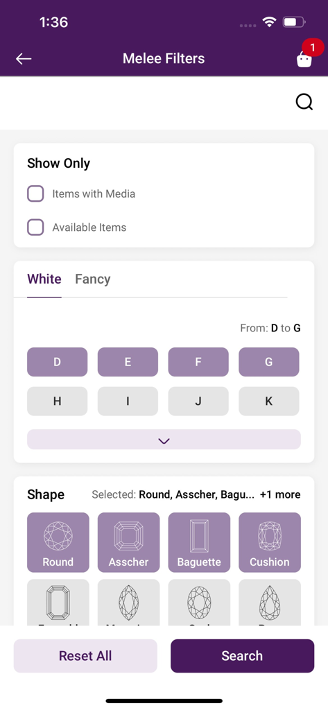 Interface of the Love2Love app showing search filters for diamond color and shape