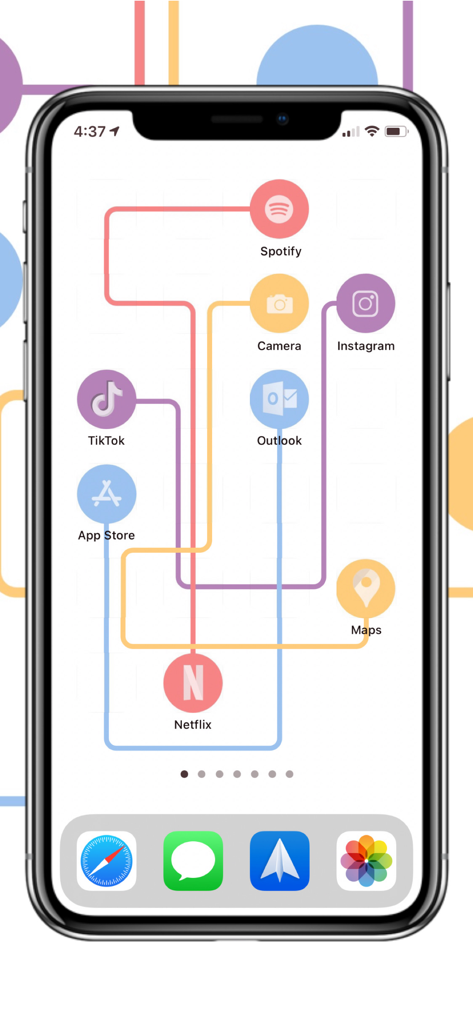 A customized iPhone home screen showing transparent app icons and a creative layout