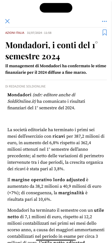 SoldiOnline - Articolo di notizie finanziarie sui risultati 2024 di Mondadori sull'app SoldiOnline.