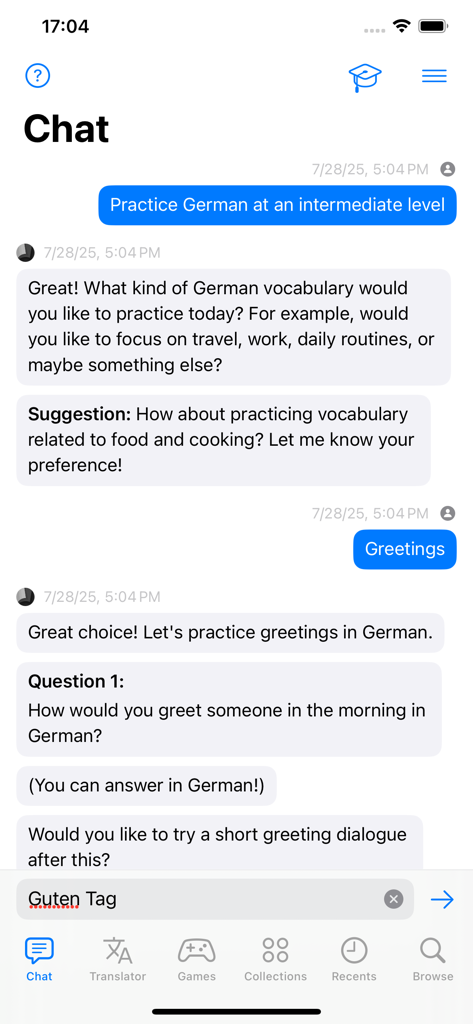 Nouns German Dictionary - AI chat interface in the German dictionary app showing an interactive conversation for language practice.
