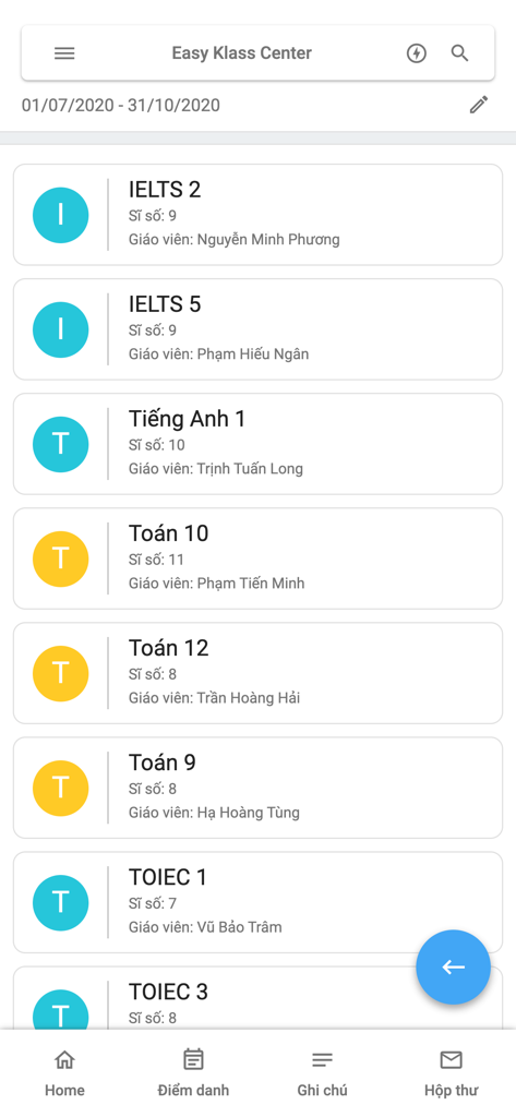 Easy Klass - Easy Klass mobile app dashboard displaying a list of educational classes and teacher details