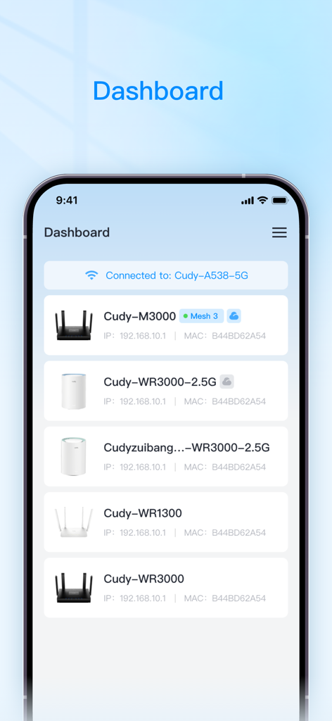 Cudy - Cudy app dashboard showing connected networking devices like routers and mesh systems