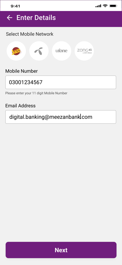 Meezan Digital Account Opening - Schermata dell'app mobile per l'inserimento dei dettagli di contatto e la selezione di una rete mobile pakistana durante l'apertura del conto digitale.