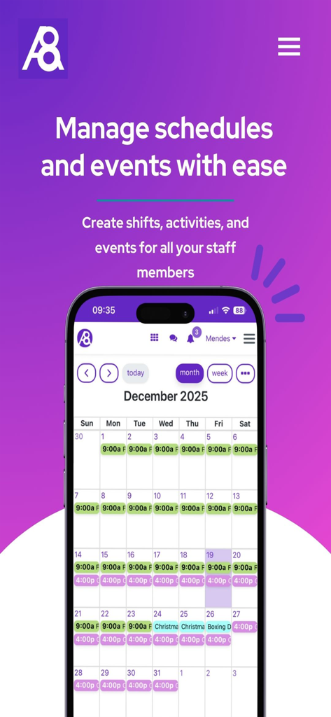 Ability8 - Ability8 app monthly calendar view for managing caregiver shifts and activities