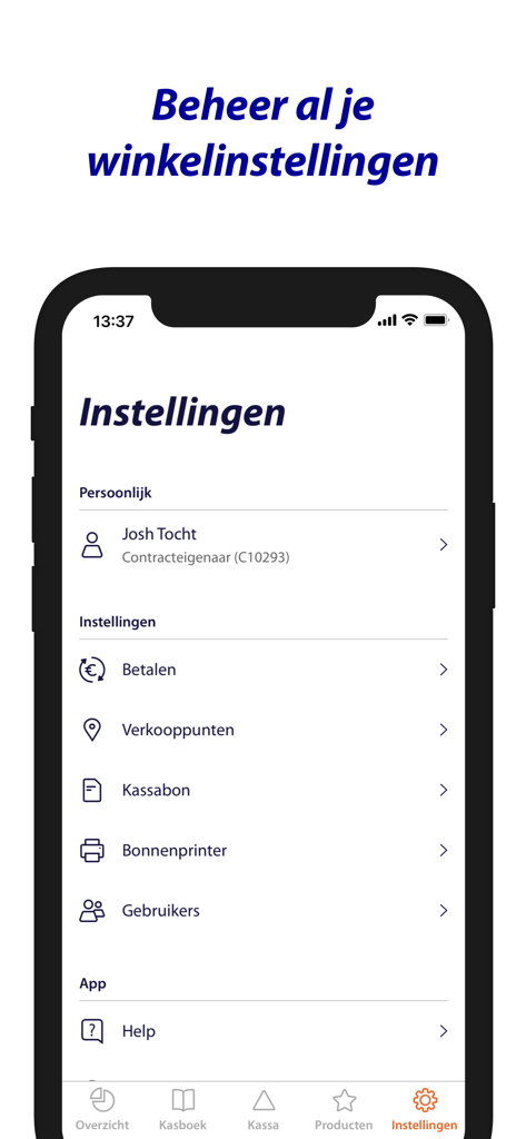 Rabo SmartPin app settings menu displaying options for payments receipts and user management