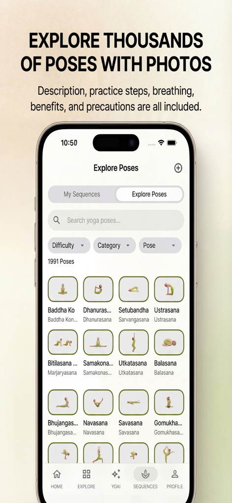 YOGANARY - AI Yoga Sequences - YOGANARY app interface showing a searchable library of yoga poses with photos and Sanskrit names.