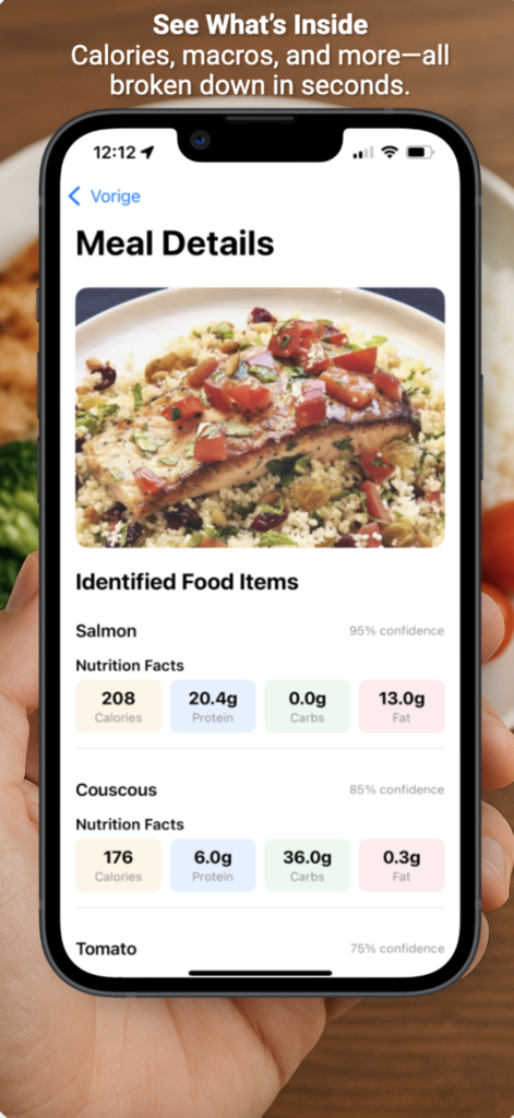 AI Meal Scanner - AI Meal Scanner app screen showing calorie and macro breakdown for a salmon meal