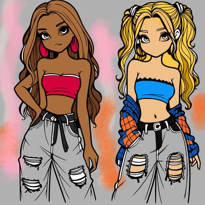 2 girls in crop tops and baggy jeans ripped