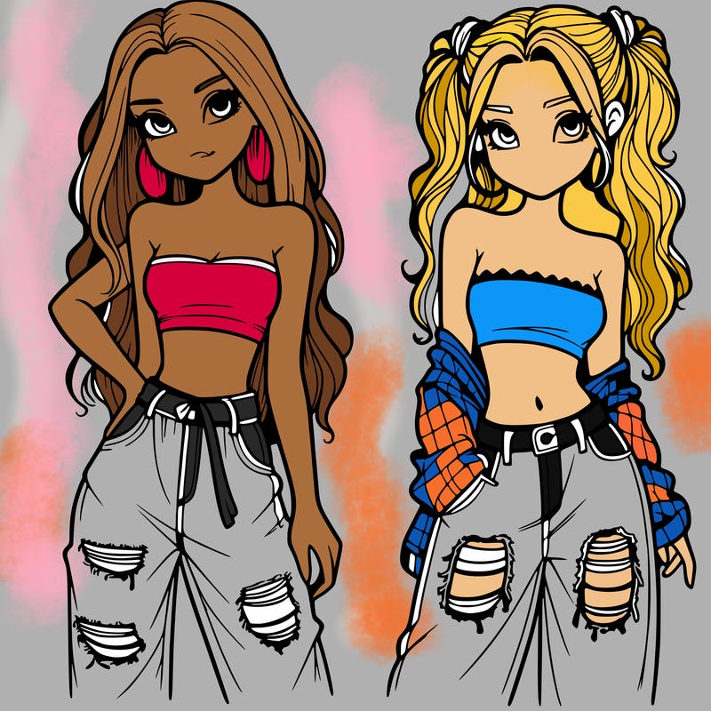 2 girls in crop tops and baggy jeans ripped