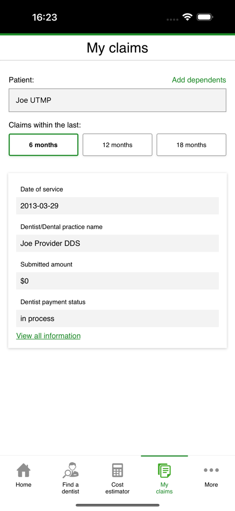 The Delta Dental mobile app claims interface showing a summary of a recent dental service and its payment status