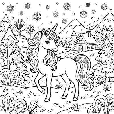 Journey to a magical winter wonderland where a graceful unicorn awaits your creative touch. This delightful coloring page is perfect for young artists to explore the beauty of the snowy season.