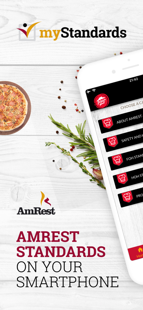 myStandards app on a smartphone showing AmRest restaurant standards categories