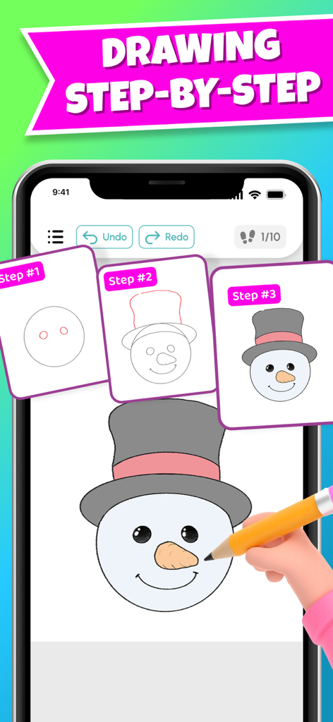 Interfaz de la aplicación TraceArt que muestra tres sencillos pasos para dibujar la cabeza de un muñeco de nieve