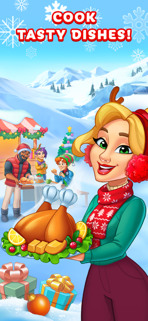 雪景色の中で、お祭り気分のキャラクターや装飾と共に、陽気なシェフが大きなホリデーローストターキーを提供している様子。