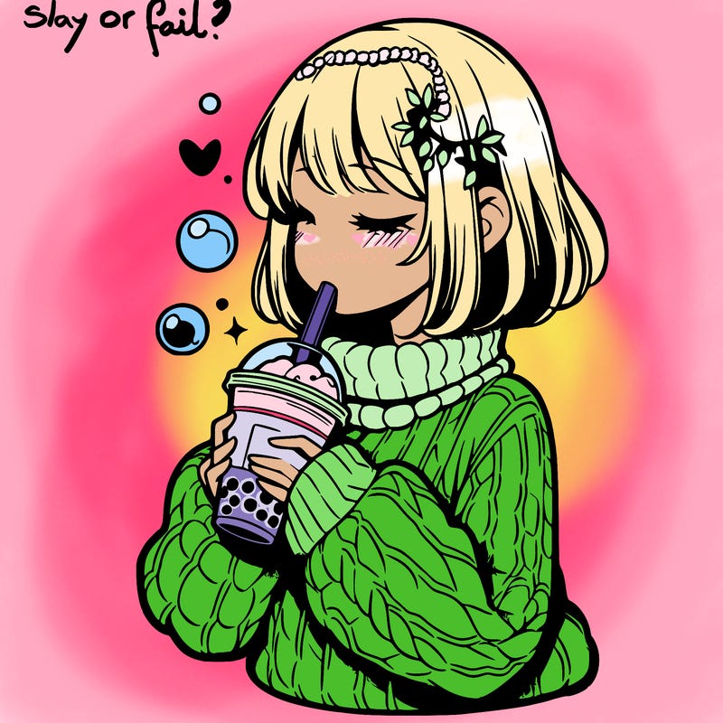 manga girl drinking boba in cozy sweater