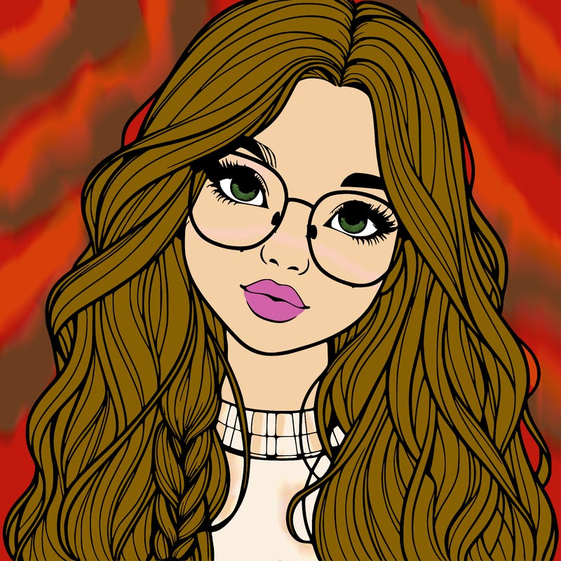 girl with long hair and freckles and glasses realistic