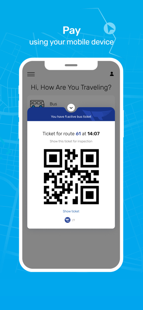 Pantalla de la aplicación HopOn Rav-Pass mostrando un código QR móvil para el pago de transporte público