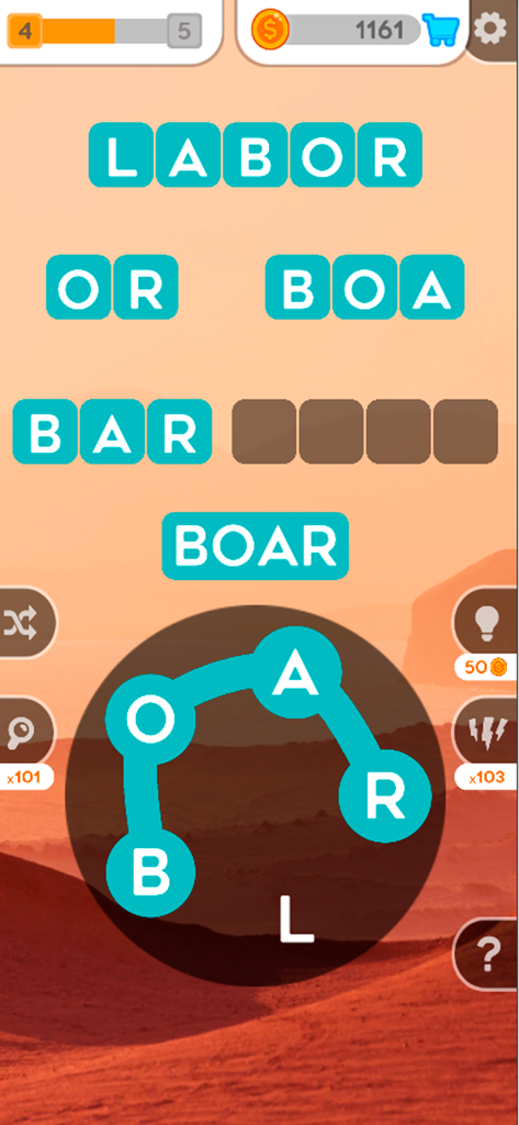 Uma captura de tela de um jogo móvel de quebra-cabeça de palavras apresentando uma grade de palavras cruzadas e uma roda de seleção de letras contra um cenário desértico