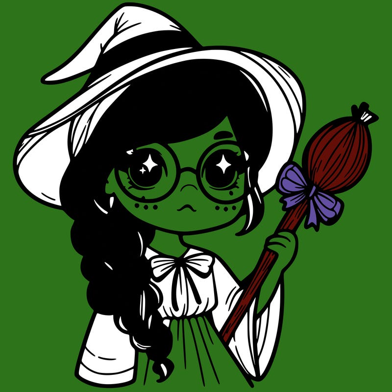 a witch with a braid and two glasses