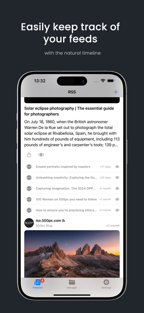 tRSS - Interfaz de la aplicación móvil tRSS mostrando una línea de tiempo cronológica estilo redes sociales de artículos de noticias e imágenes