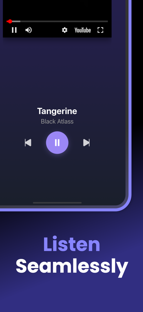 MuseTube: Music Streaming - Interfaz del reproductor de música de la aplicación MuseTube reproduciendo Tangerine de Black Atlass con el texto Escucha sin Interrupciones