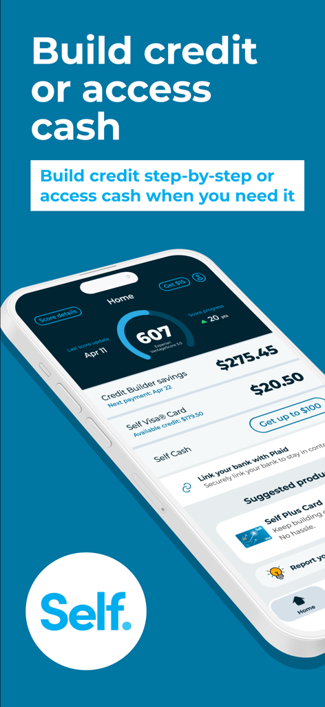 Self – Credit Builder & Cash - Panel de la aplicación Self mostrando un puntaje de crédito de 607 con seguimiento del progreso y saldo de ahorros