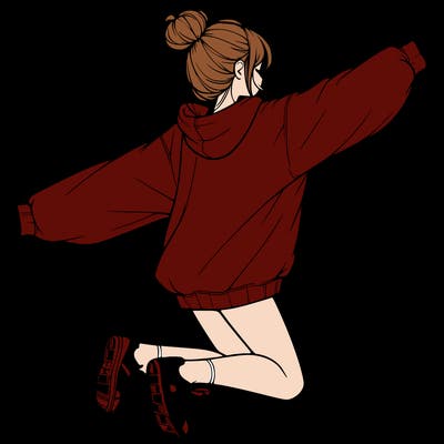 realistic girl jumping with a bun and oversized sweatshirt